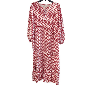 Geometric Patterned Peasant Maxi Dress - Red and White 2XL